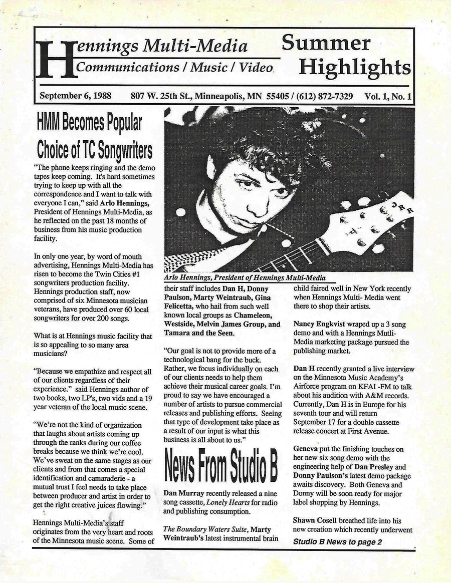 Hennings Multi-Media Summer Highlights newsletter, September 6, 1988, Vol. 1 No. 1