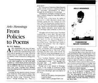 Tomorrow Never Answers by Arlo Hennings — newspaper feature, &lsquo;From Policies to Poems&rsquo; by D.L. Mabery