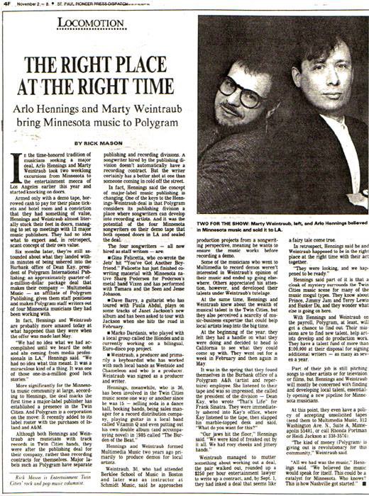 St. Paul Pioneer Press article: The Right Place At The Right Time — Arlo Hennings and Marty Weintraub bring Minnesota music to PolyGram