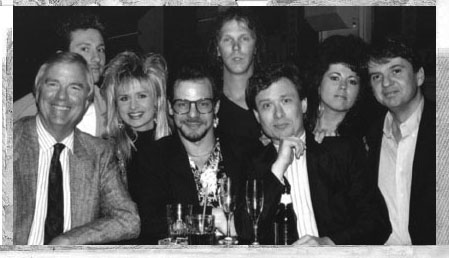 Dean Kay, Bob Kirsch, Marty Weintraub, Arlo Hennings, Dave Barry, Marco Dardanis, Laura Schlieske, and Gina Felicetta at dinner, 1989