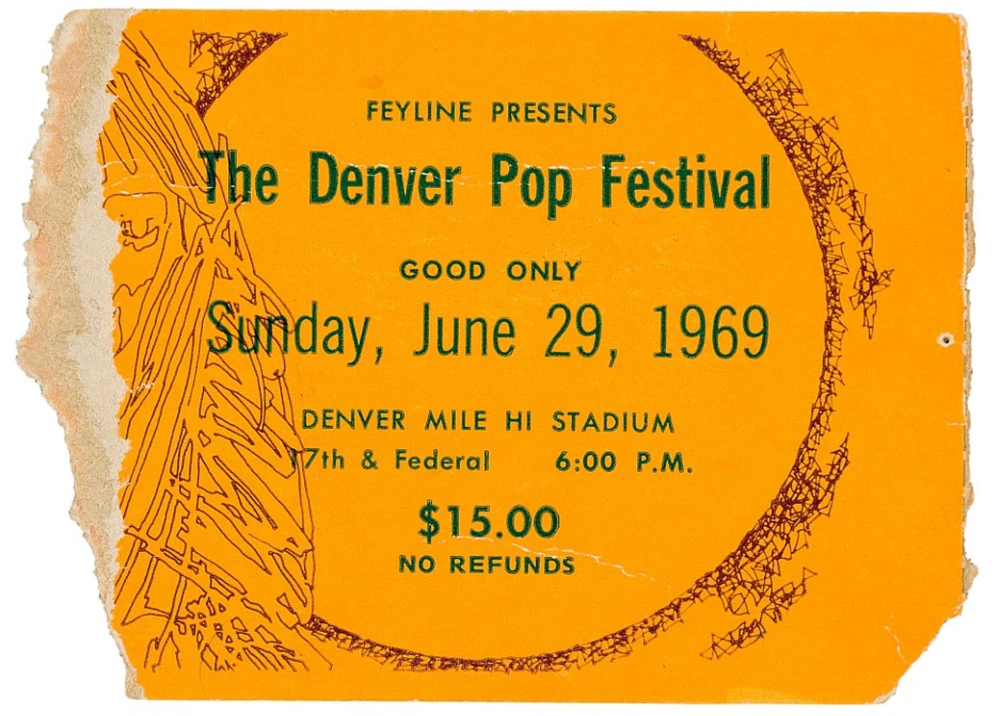 Ticket stub for the Denver Pop Festival, Sunday June 29 1969, featuring the Jimi Hendrix Experience.