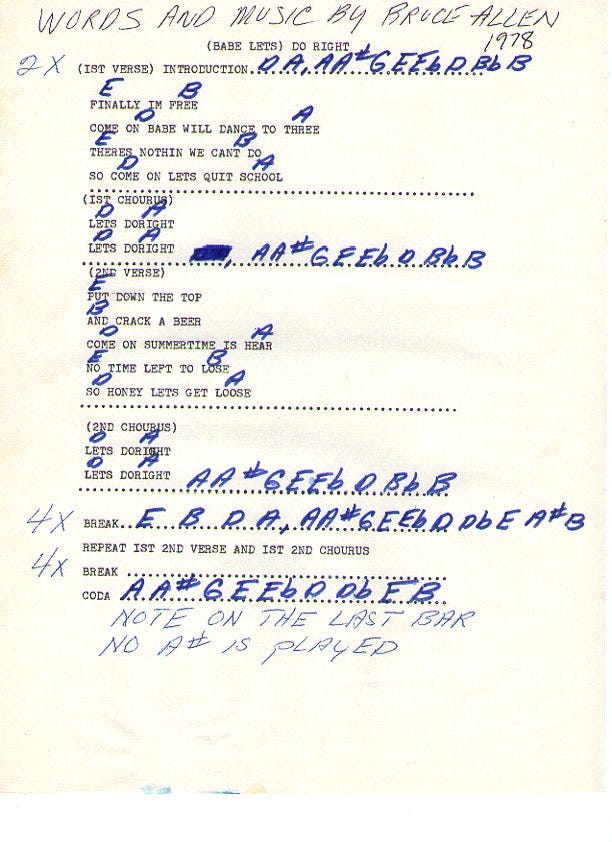 Handwritten chord chart for the song Do Right by Bruce Allen.