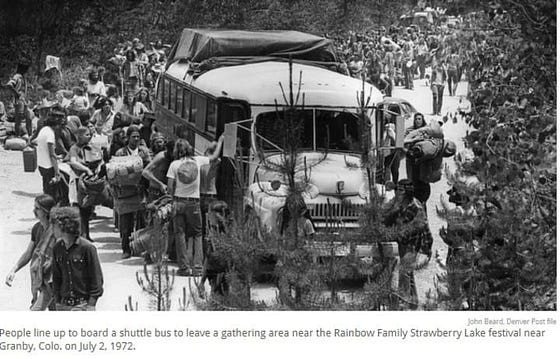 A shuttle bus at the Rainbow Family gathering near Granby, Colorado, July 1972.
