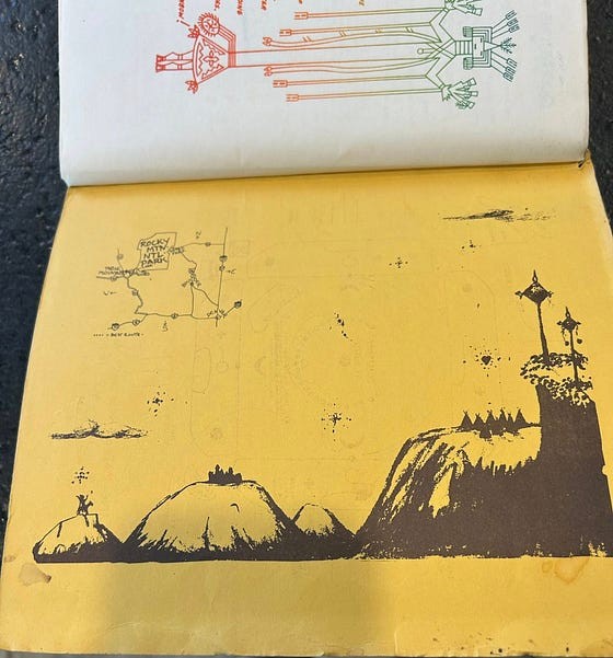 Hand-drawn map and mountain landscape from the Rainbow Family pamphlet, 1972.
