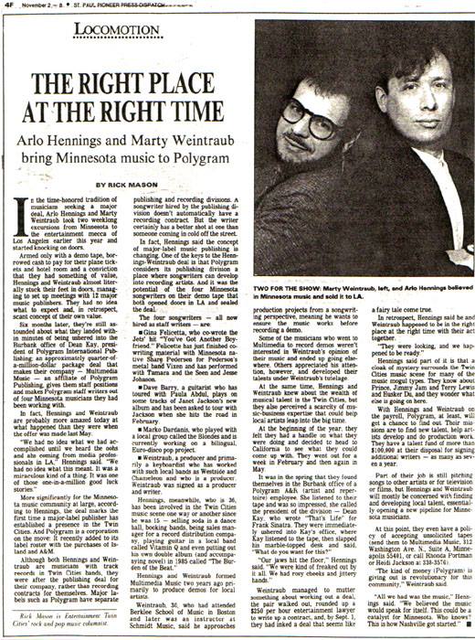 St. Paul Pioneer Press article by Rick Mason on the PolyGram publishing deal