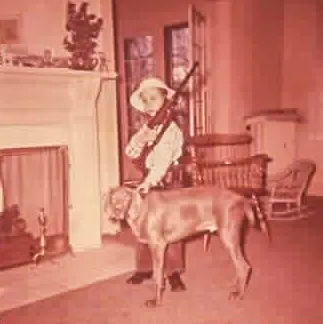 A young boy in a cowboy hat holding a rifle, standing beside a large dog in a living room.